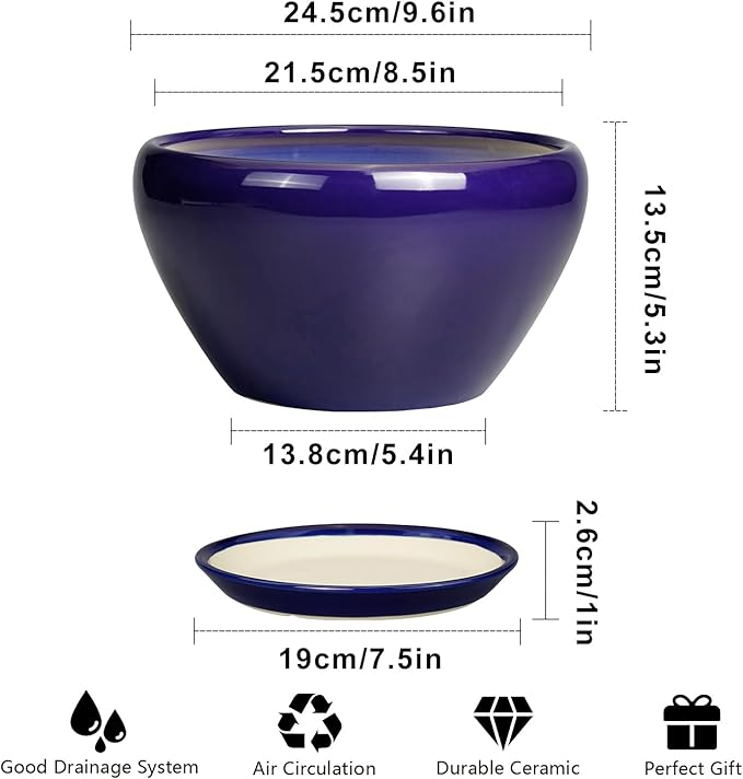 Planter for Indoor Plants 9 Inch - Ceramic Plant Pot for Indoor Plants Round Planter Outdoor Flower Pot with Drainage Hole and Saucer for Home Office Patio Decor Blue