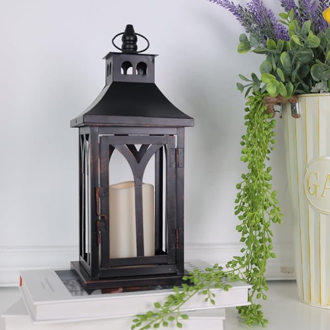 DECORKEY Decorations for Home, Decorative Led Candle Lantern Indoor Outdoor Decor, Metal Hanging Candle Holder with Xmas Teardrop Wreath and LED Candle for Table Centerpieces, Patio (Black)