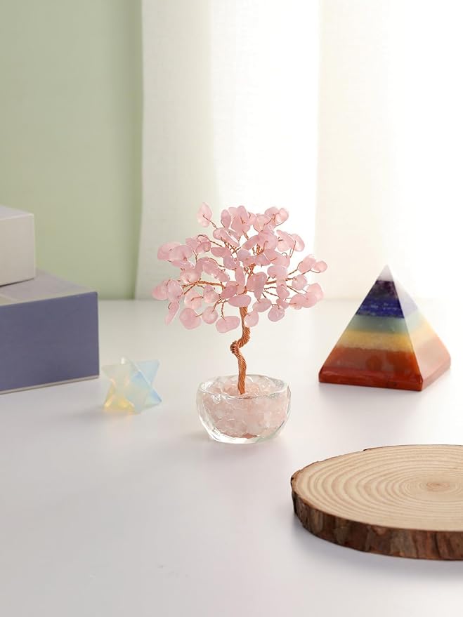 Jovivi Small Rose Quartz Crystal Tree, Natural Crystal Healing Stones Tree Glass Bowl Base Gemstone Money Trees Feng Shui Good Luck Home Desk Decor