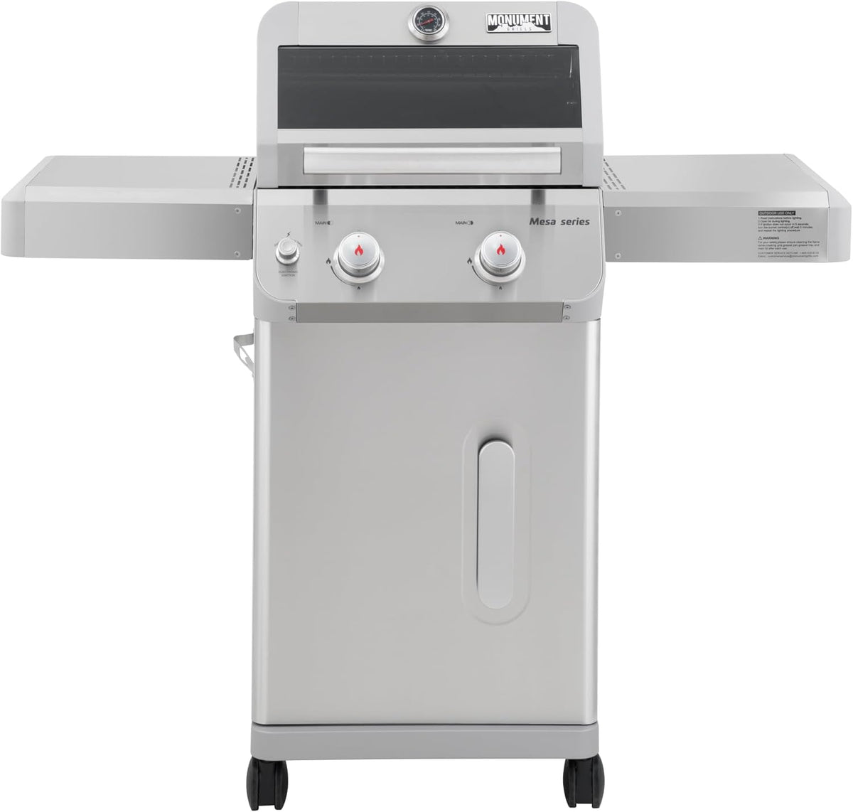 Monument Grills 2-Burner Stainless Steel Liquid Propane Gas Grill, Two Foldable Shelves Patio Garden Barbecue Grill with Clearview® Lid, Knob Control, Mesa200S with BBQ Cover