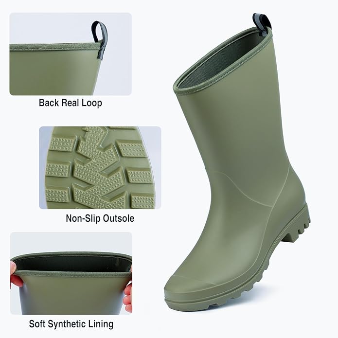 Mid Calf Rain Boots Women Waterproof PVC Womens Rubber Rain Boot Seamless Rain Footwear Outdoor Garden Work Walking