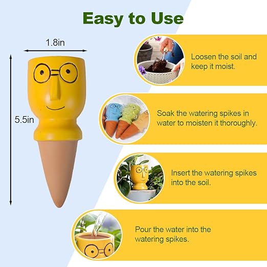 Self Watering Spikes for Plants, Terracotta Slow Release Watering System - Vacation Plant Waterer, 4 Pack Automatic Plant Watering Devices for Indoor Outdoor Potted Plants