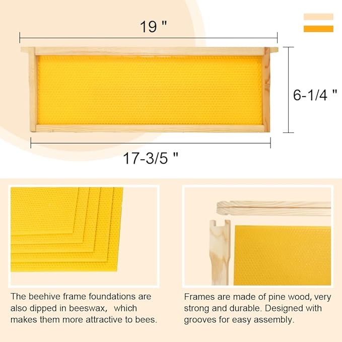 8 Frame Bee Hive Box, Langstroth Medium Super Bee Box Dipped in 100% Beeswax Include Beehive Frames and Waxed Foundation Sheets (Unassembled)