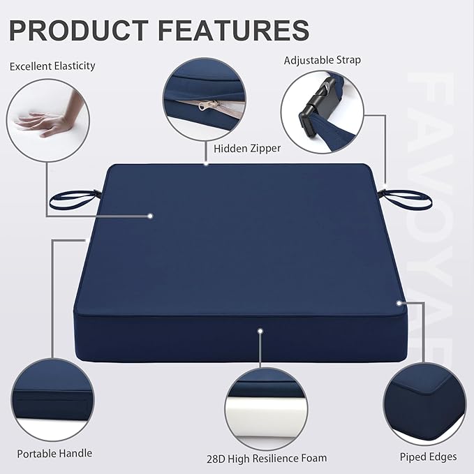 Favoyard Patio Chair Cushions 24 x 24 x 4 Inch Waterproof Outdoor Seat Cushions for Patio Furniture 3-Year Color Fastness Garden Sofa Couch Pads with Handle & Adjustable Straps Set of 2, Blue