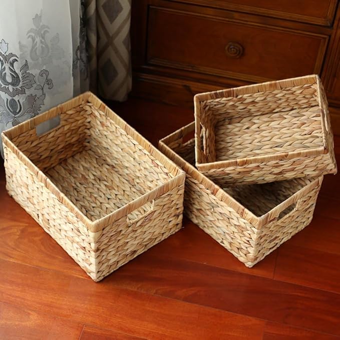 Basket Box Woven Natural Water hyacinth Rectangular with Handle,Kingwillow.(Small)