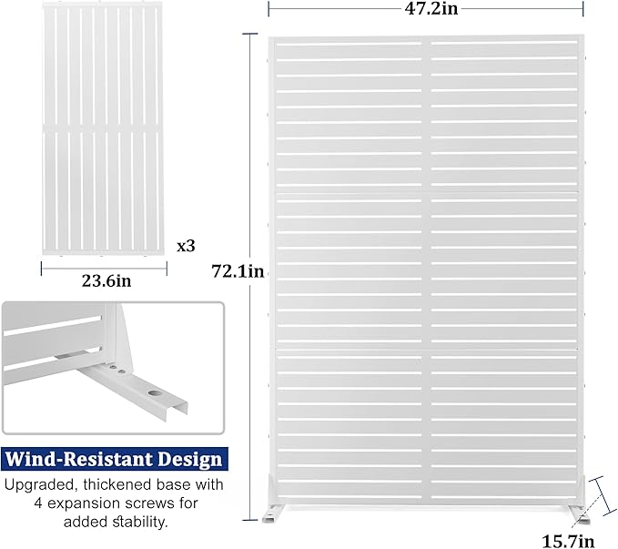 FENCY Outdoor Privacy Screen, 72" H×47" W Metal Privacy Screen, Outdoor Freestanding Privacy Screen & Panels for Deck Patio Balcony(White-Louvered)