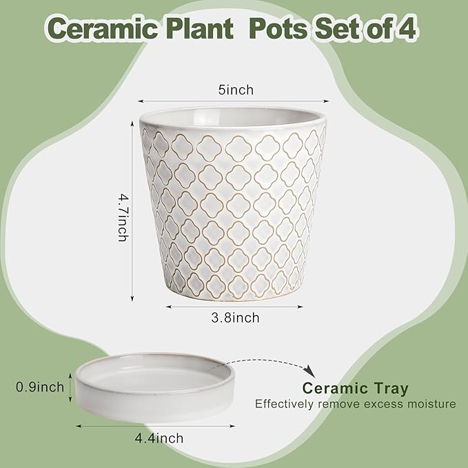 EFISPSS Ceramic Plant Pots Indoor, 5 Inch Planters with Drainage Holes and Ceramic Tray, Relief Design Flower Planter, Desktop Office Windowsill Decoration Gift Set of 4, White