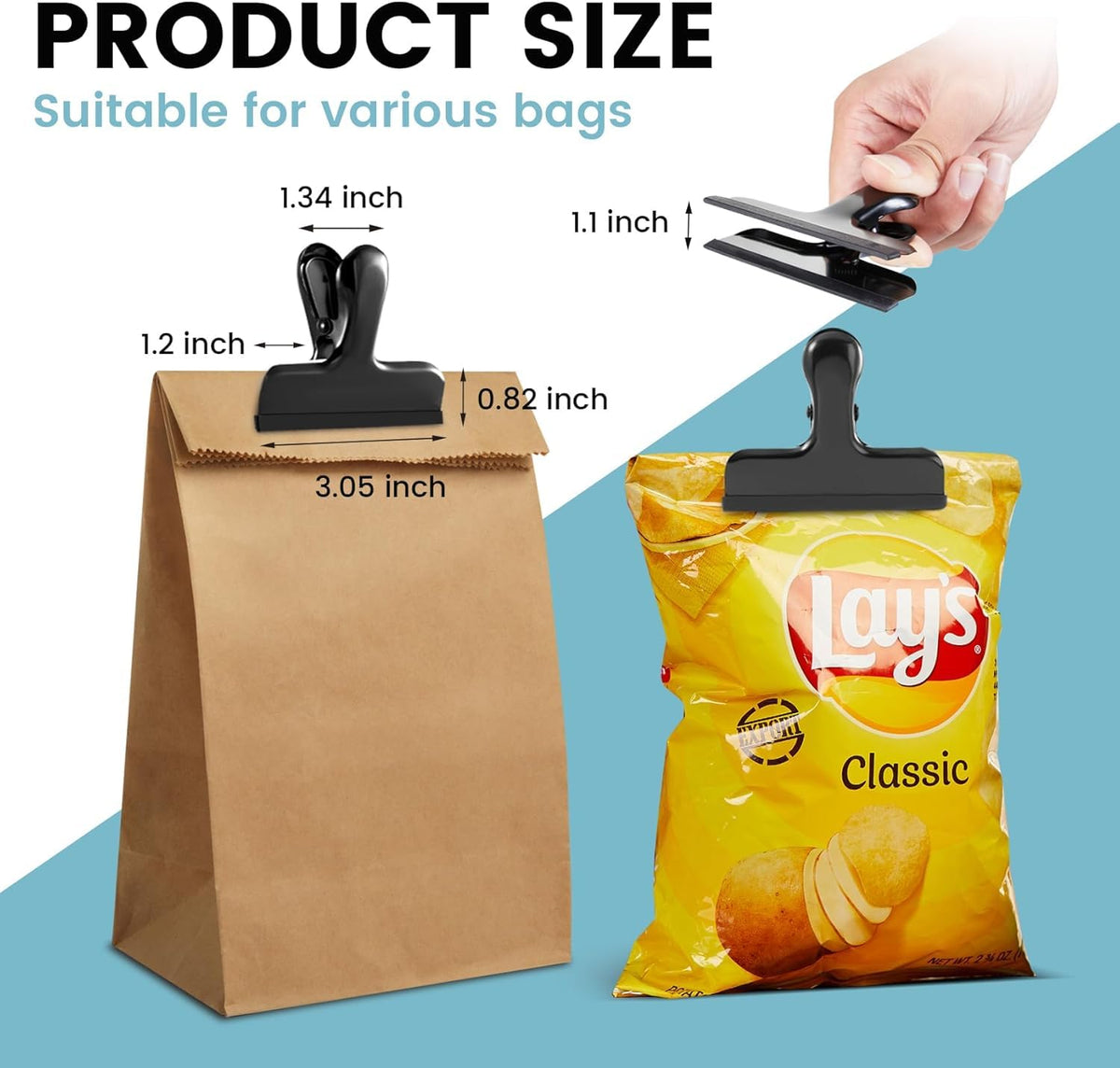Chip Bag Clips, 8 Pack Heavy Duty Black Stainless Steel Food Sealer Clips with Silicone Cover, Strong Grip for Snacks, Food Storage, Kitchen & Pantry Organization (4 Large + 4 Small)