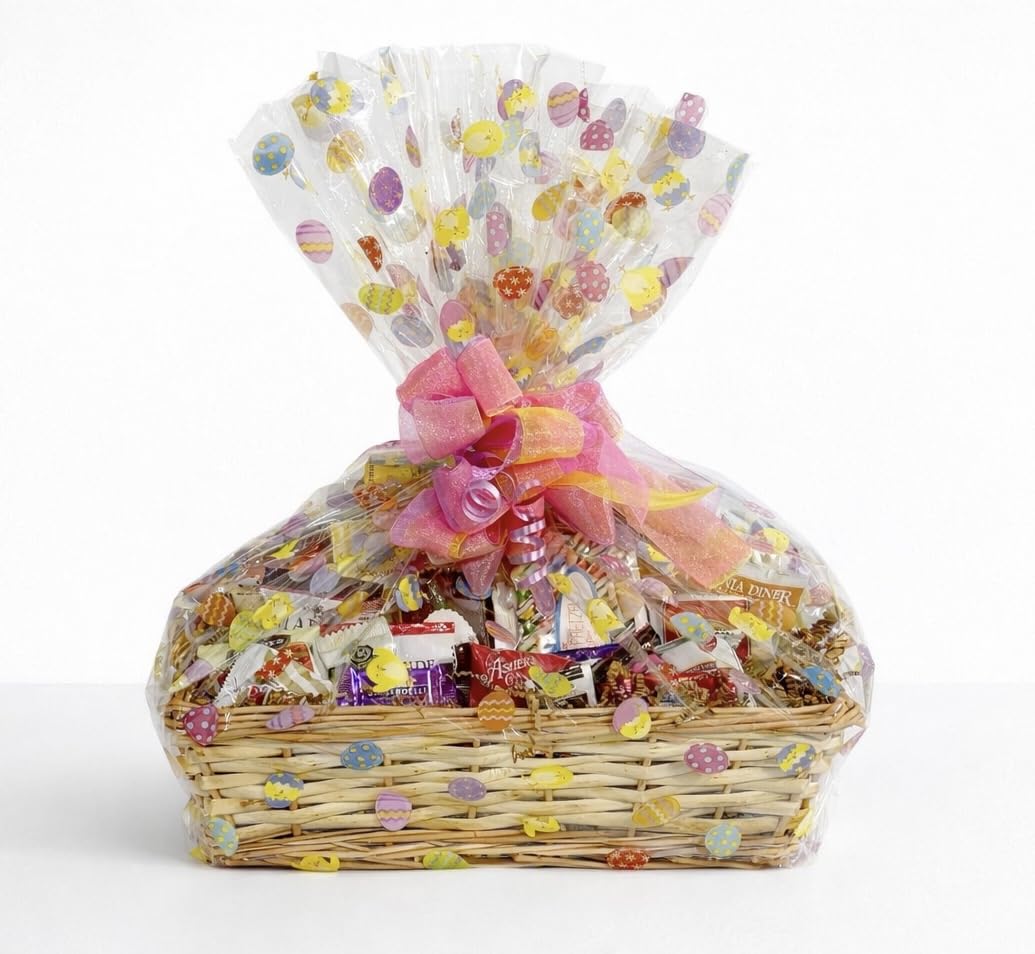 Easter Basket with Chocolate, Candy & Snacks - 16 Inch Tray Easter Wrapped Gift Basket - Spring Holiday Treats for Family, Friends & Coworkers