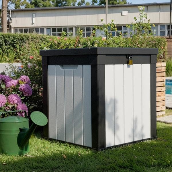 50-Gallon Outdoor Deck Box,Storage Lockable Waterproof Patio Furniture,Garden Tools,Cushions,Pool Accessories Outside Storage Resin Box(Black and White)