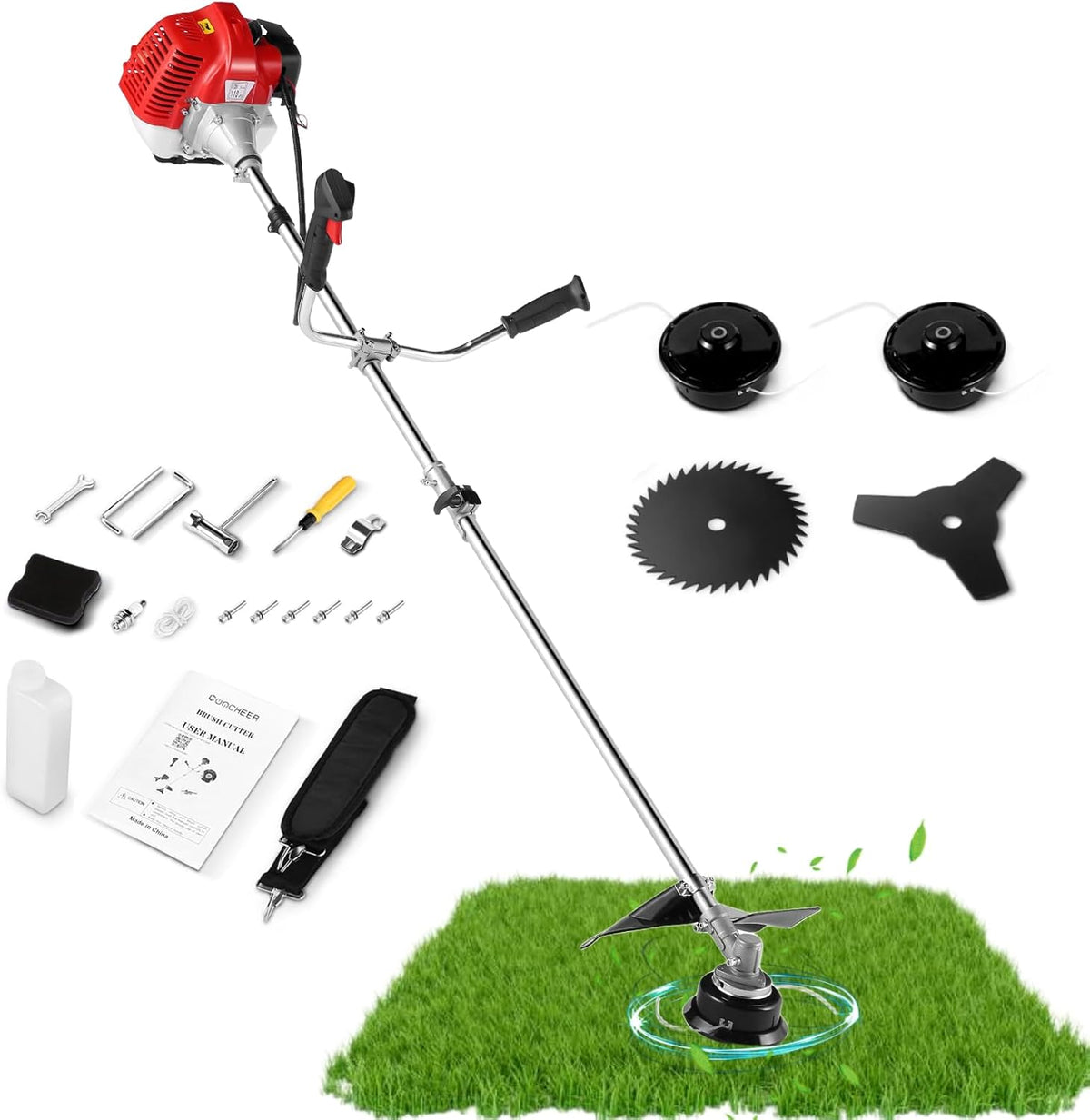 COOCHEER 58cc Gas Weed Eater, 4 in 1 String Trimmer 2-Cycle Gas Powered Brush Cutter Weed Wacker with 18.5’’ Cutting Path, Straight Shaft Weed Trimmer Grass Cutter for Yard, Lawn, Garden Care, Red