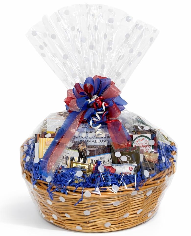 Fourth of July Gift Basket with Chocolate, Candy & Snacks - 18 Inch Wrapped Gift Basket - Independence Day Holiday Treats for Family, Friends