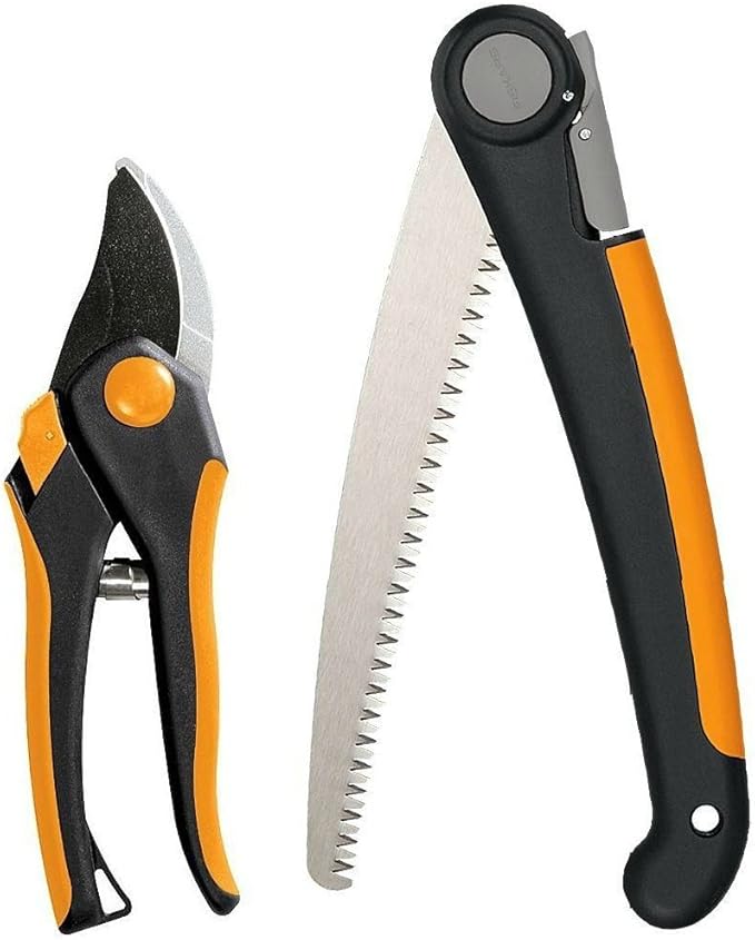 Fiskars Folding Saw and Pruner Set, Garden Clippers, Gardening Scissors with Sharp, Rust Resistant Steel Blade with Folding Pruner Saw with Power Tooth Saw Blade