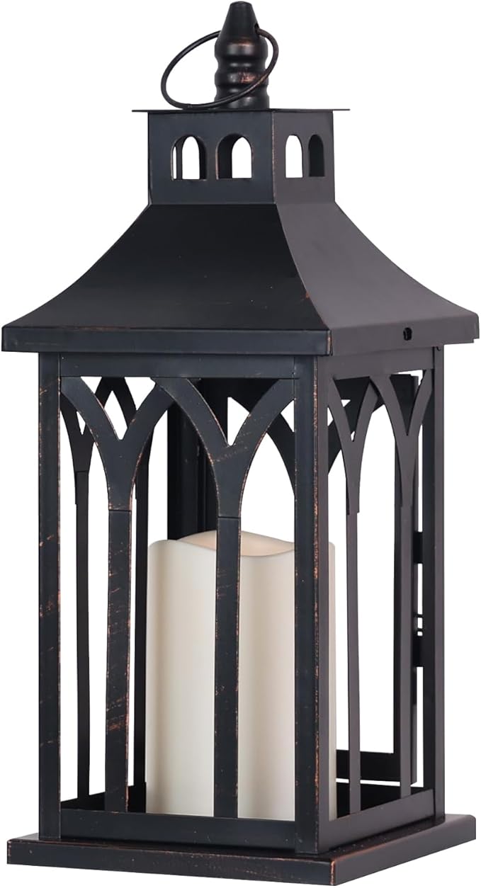 DECORKEY Decorations for Home, Decorative Led Candle Lantern Indoor Outdoor Decor, Metal Hanging Candle Holder with Xmas Teardrop Wreath and LED Candle for Table Centerpieces, Patio (Black)