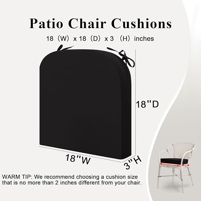 Outdoor Chair Cushions Set of 2, Waterproof Foam Patio Seat Cushions with Ties for Garden Sofa & Dining Furniture, 3-Year Color Fastness, 18x18x3 Inch, Black