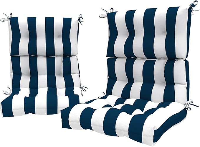 LVTXIII 2 Pack Outdoor High Back Cushions Patio Tufted Seat and Back Chair Cushions with Ties, Replacement Chair Pad for Outdoor Furniture Decoration (44” L x 22 W”, Set of 2, Cabana Navy)