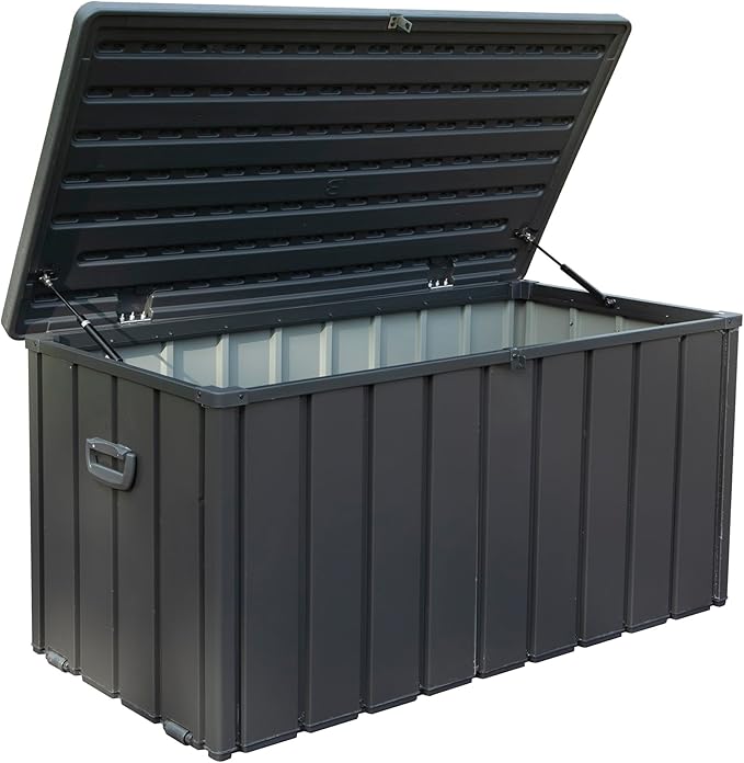 Domi 120 Gallon Deck Box, Patio Storage Box with Resin Lid, Steel Tool Waterproof Outdoor Storage Container for Outside Cushions, Lockable Outdoor Storage Bin for Garden and Pools Tools (Gray)