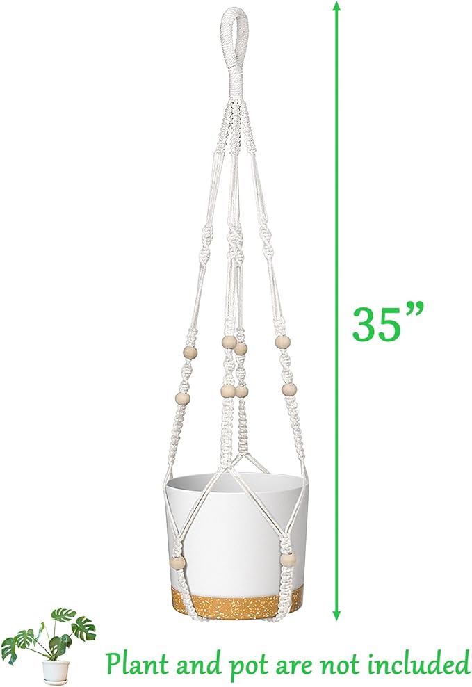 ZMTECH 2 Pack 35 Inch Macrame Plant Hanger (Ivory) Indoor Hanging Planter Basket with Wood Beads Decorative Flower Pot Holder for Indoor Outdoor Boho Home Decor