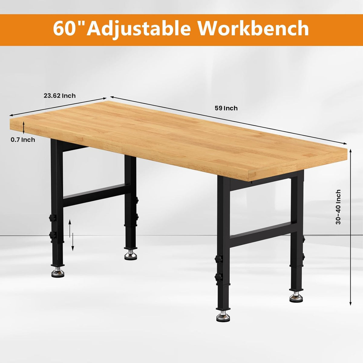 60" Work Bench, Adjustable Height Workbench with Rubber Pad, Heavy-Duty Work Table with Power Outlets, 2000 LBS Capacity Workstation for Garage, Workshop, Office, Home