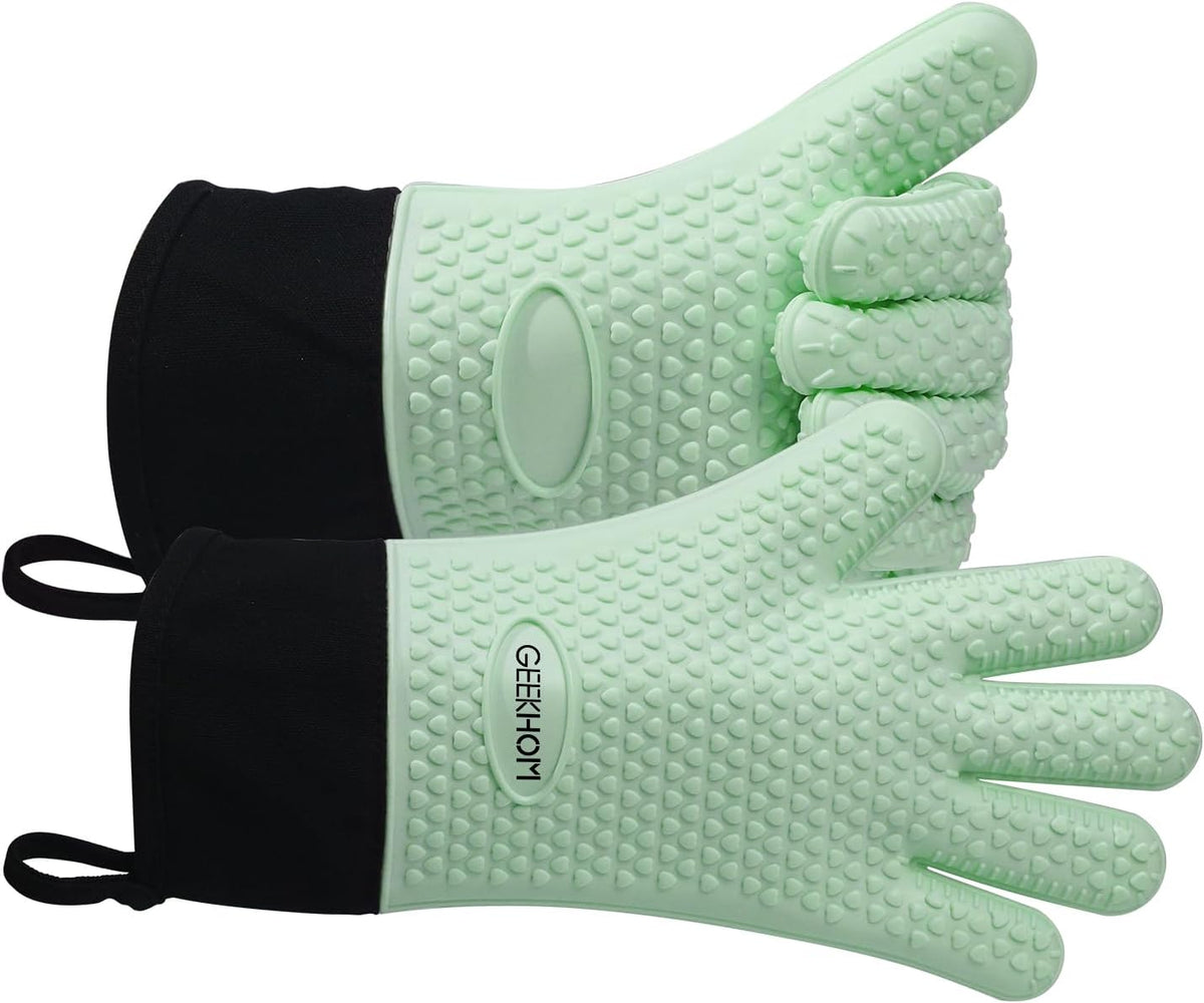 GEEKHOM BBQ Gloves Heat Resistant Oven Mitts - Silicone Grilling Gloves with 13.7" Arm Protection - Waterproof Pot Holder Non-Slip for Men & Women, Kitchen Outdoor Cooking, Baking, Camping, Mint Green