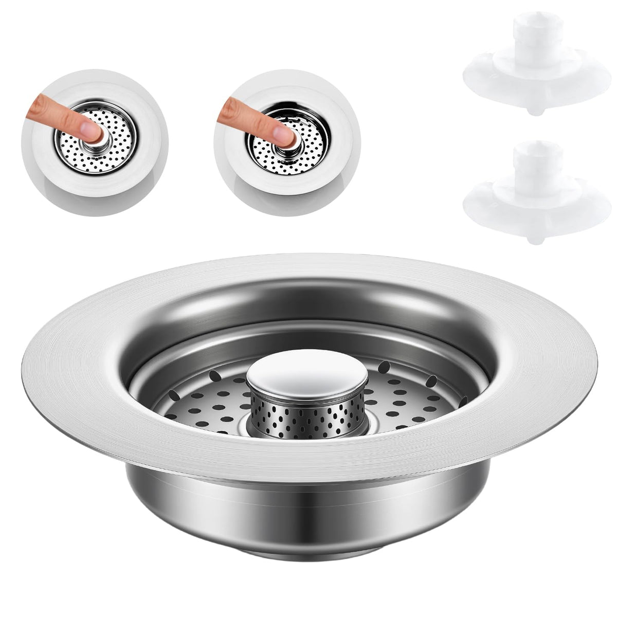 Sink Drain Strainer - Sink Stopper, 3-in-1 Kitchen Stainless Steel Drain Plug with Anti-Clog Basket, Pop-Up Cover