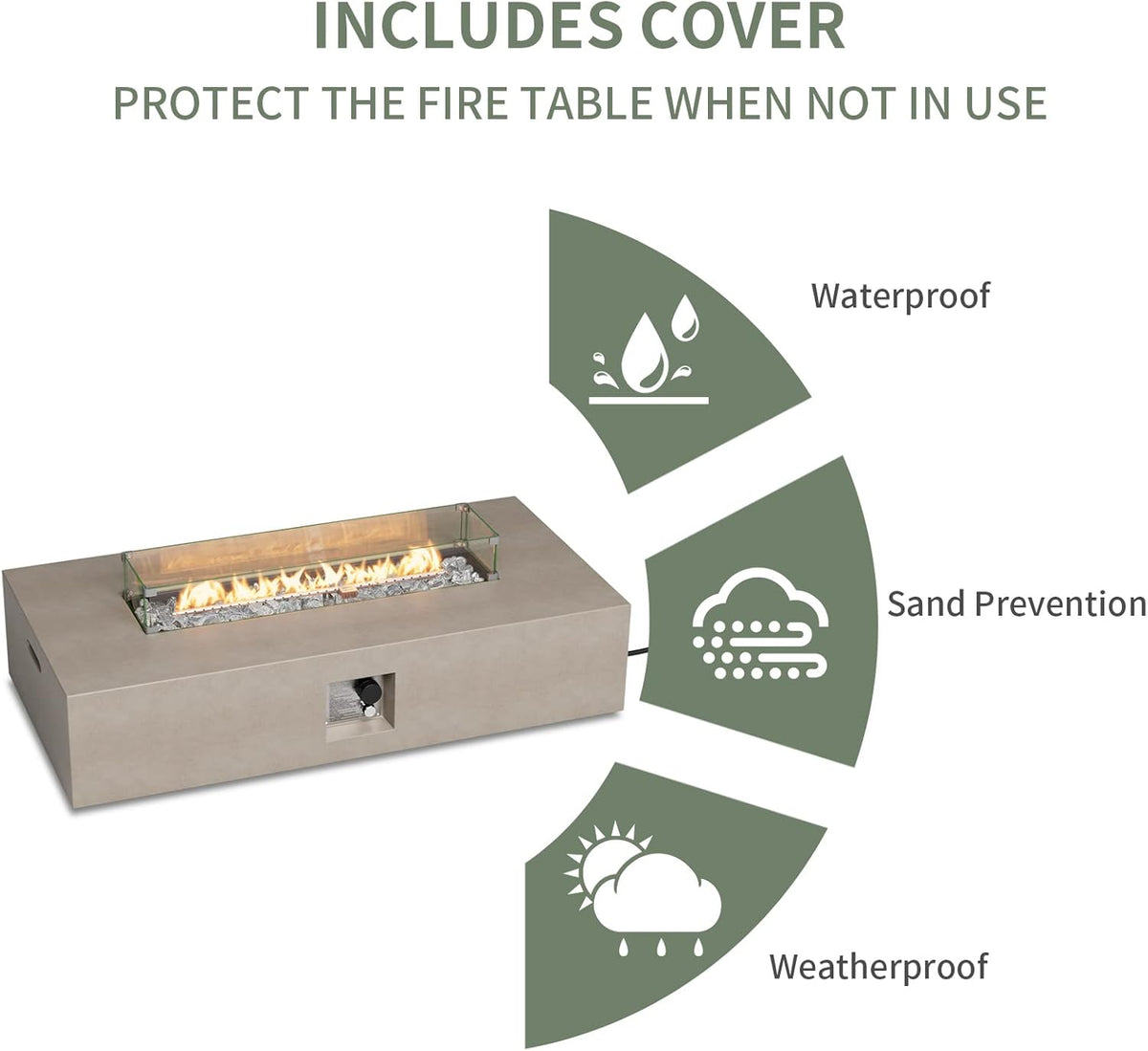 COSIEST Outdoor Propane Fire Pit Table, 56-inch x 28-inch Rectangle Gray Concrete-Like Finish, CSA Certified, 50,000 BTU Stainless Steel Burner w Transparent Gray Fire Glass, Wind Guard, Raincover