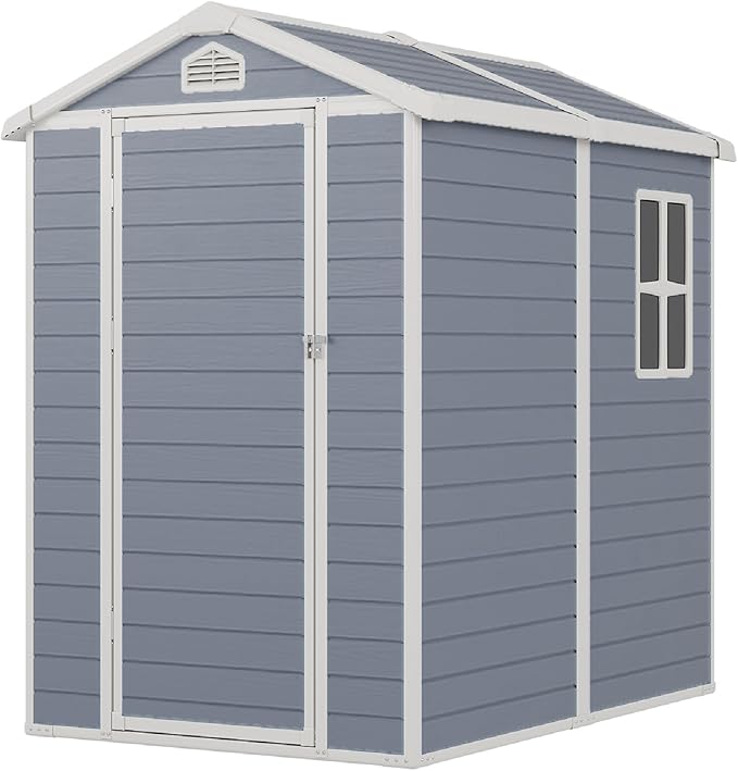 Storage Shed Plastic Outdoor Storage Shed Waterproof Container House with Lockable Door and Transparent Window for Garden, Lawn, Backyard, Patio (6x4FT)