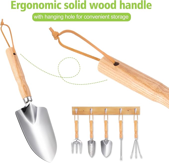 Garden Tools 5-Pieces, Heavy Duty Gardening Hand Tools with Wooden Handle, Canvas Gloves, Stainless Steel Material, Rust-Proof Garden Tool Set, Ideal Gardening Gifts for Women