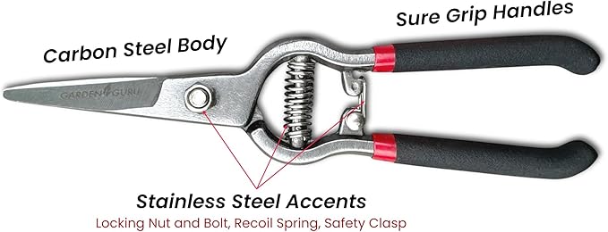 GARDEN GURU Classic Bypass Pruning Shears Clippers – Heavy Duty Forged Steel Garden Pruners – Safety Lock – Non Slip Comfort Grips – Cuts up to 1” Diameter – Professional Bypass Pruners for Gardening