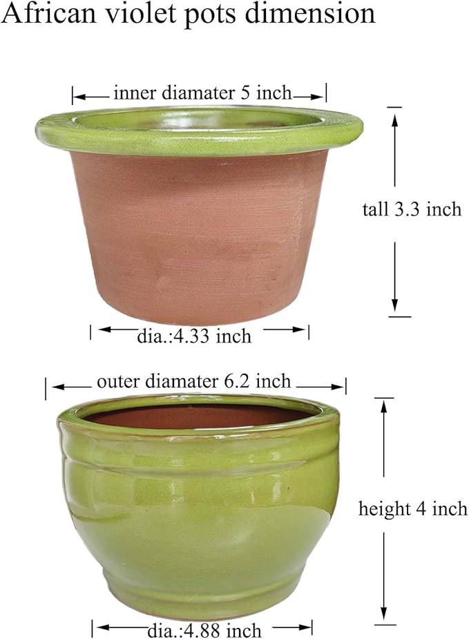 African Violet Pots Self Watering Round Ceramic Violet Pot (Green, 6 inch)