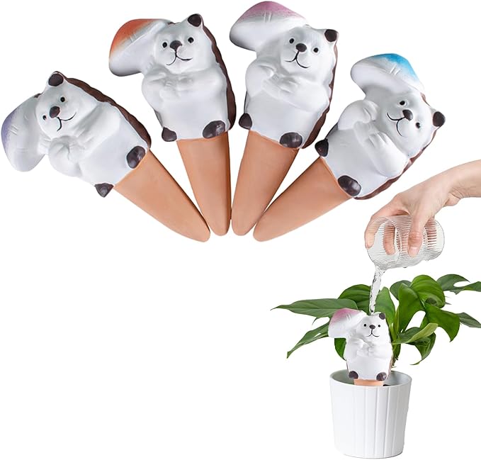 4-Pack Self-Watering Terracotta Spikes for Plants, Automatic Plant Watering Stakes, Keeps Plants Hydrated While You're Away, Ideal for Indoor & Outdoor Use (Hedgehog with Umbrella Design)