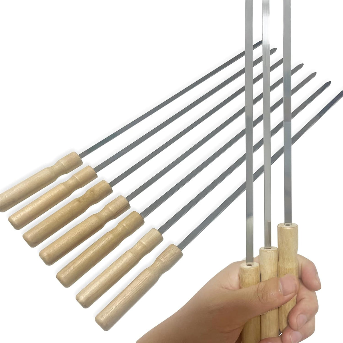 10 Pcs Kabob Skewers, 16IN Metal Skewers for Grilling, Premium Stainless Steel Flat Kebabs, with Wooden Handles Insulated Reusable BBQ Set