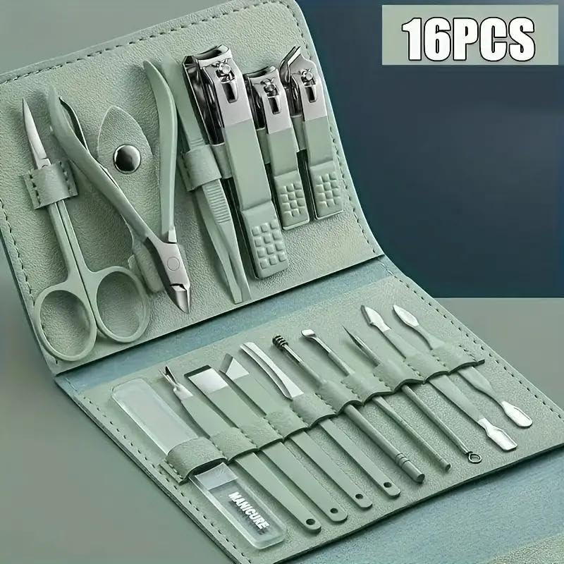16PCS Professional Manicure & Pedicure Set Stainless Steel Nail Care Kit Travel Manicure Kit, Green - color: Green
