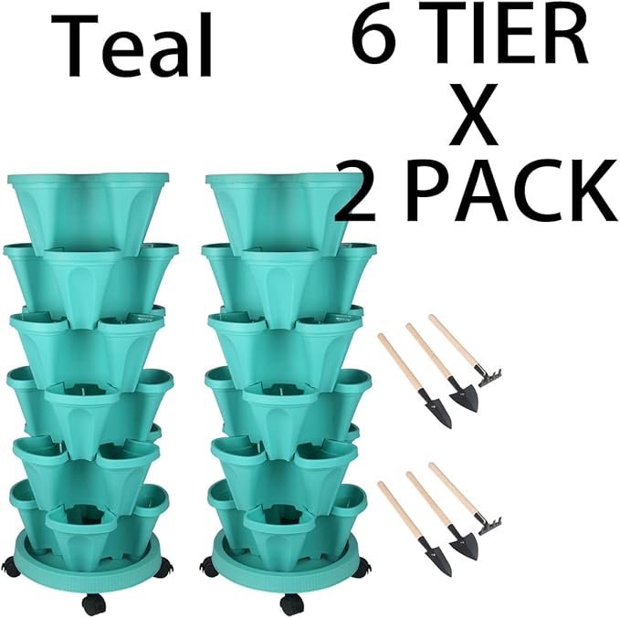 Vertical Planter 6 Tier Stackable Planters Garden Planters Strawberry Herb Flower and Vegetable Planter Indoor Outdoor Gardening Pots with Removable Wheels and Tools