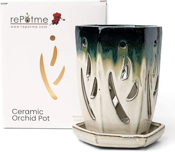 rePotme 4 x 6 inch Ceramic Orchid Pot (Evergreen Emerald Over Cream) - Hexagon Orchid Pot with Holes