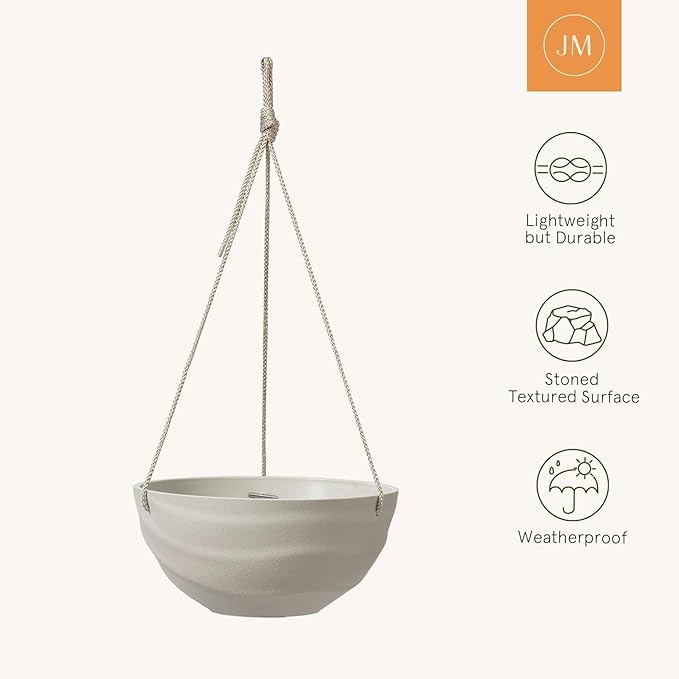 La Jolie Maison 10 Inch Hanging Planters for Indoor Plants, Outdoor Garden Planter Pots with Self-Watering Tray, Oatmeal, Set of 2
