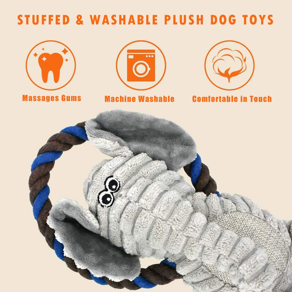 HUGEME Monkey Rope Dog Toy, Plush Elephant Squeaky Dog Toy, 2 Pack