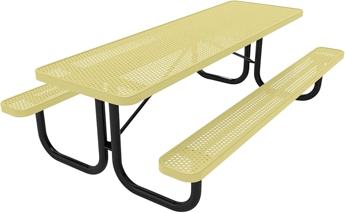Coated Outdoor Furniture Heavy-Duty Portable Outdoor Picnic Table, Thermoplastic Coated Punched Steel Commercial-Grade Patio Dining Furniture Made in America (8ft Rectangular, Textured Sandstone)