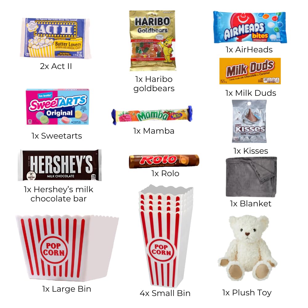 Movie Night Popcorn and Candy Gift Basket with Fleece Blanket & Plush Bear - Perfect for Cuddling & Crunching Together for Cozy (Mixed Pack