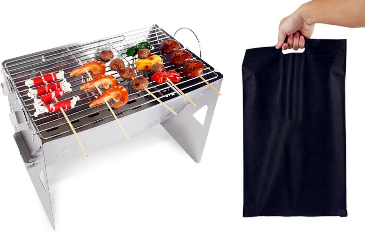 Travel-Ready BBQ Grill with Carry Bag,16.92-inch,Portable Compact Foldable Camping Grill,Easily disassembles for storage in a carrying bag,Stainless Steel Charcoal Grill, Outdoor barbecue fire pit