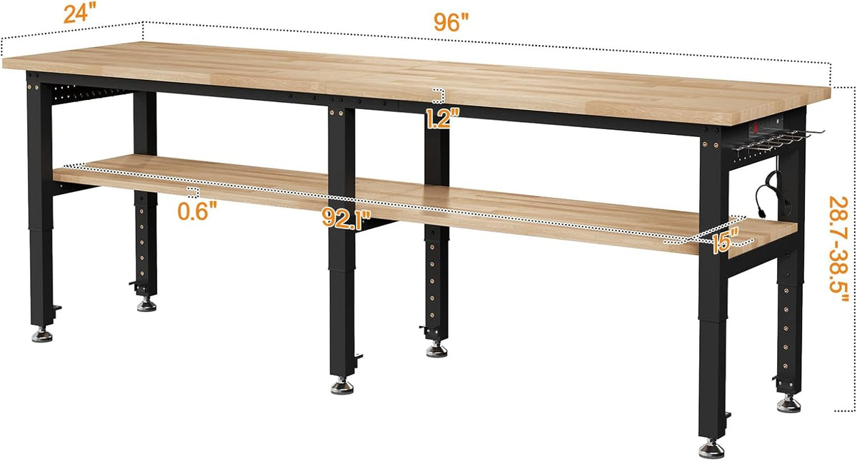 Albott 96" Adjustable 2-Tier Workbench with Solid Wood Top, Max 2000lbs Capacity, Built-in Power Strip with 4 AC Outlets & 2 USB Ports, Pegboard & 20 Hooks, Shop Garage Office