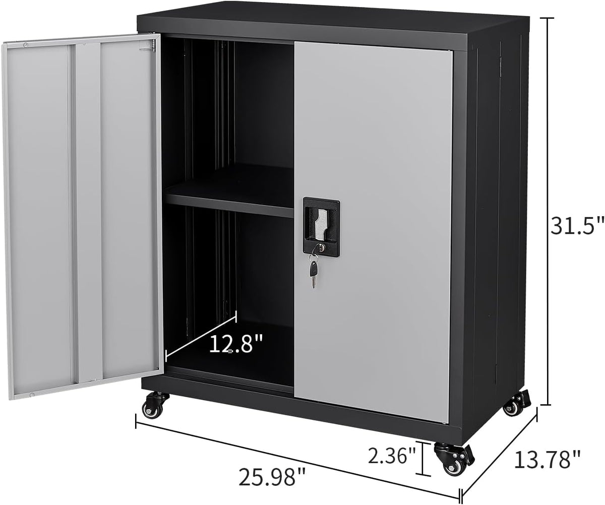 LUCYPAL Metal Storage Cabinet with 2 Doors,Steel Storage Cabinet with Adjustable Shelves and Wheels,Locking Tool Cabinets for Office,Home,Garage,Black&Grey 31.5" H