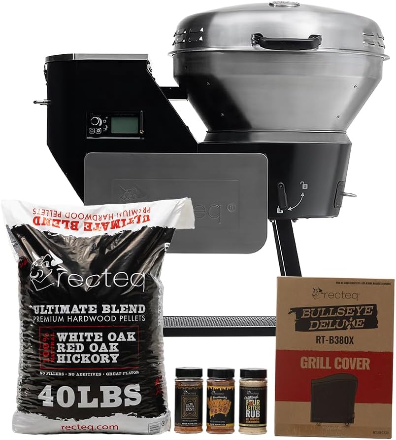 recteq Pellet Grill RT-B380X Bullseye Deluxe + Grilling Basics Bundle, WiFi Enabled Electric Pellet Smoker Grill, Wood Pellets, BBQ Outdoor, Smoke, Sear, and More