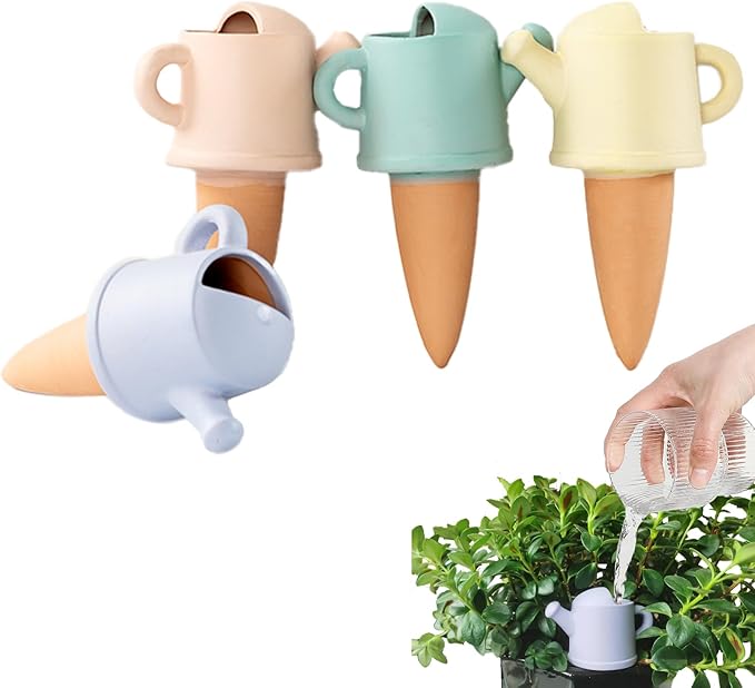 4-Pack Self-Watering Terracotta Spikes for Plants, Automatic Plant Watering Stakes, Keeps Plants Hydrated While You're Away, Ideal for Indoor & Outdoor Use (Teapot Design)