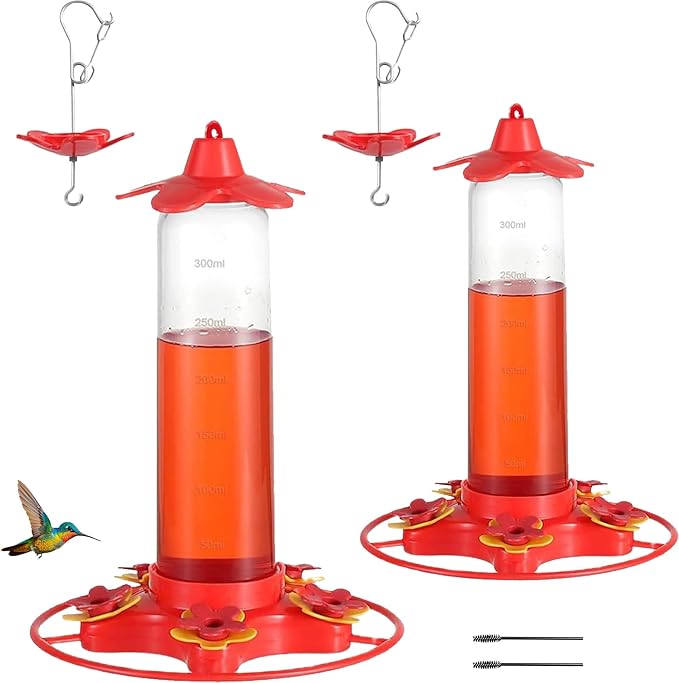 Hummingbird Feeders for Outdoors Hanging (2 Pack) 5 Feeding Ports 320 ml Plastic Hummingbird Feeder, Bee-Proof Leak-Proof No Drip, Easy to Clean with Cleaning Brush