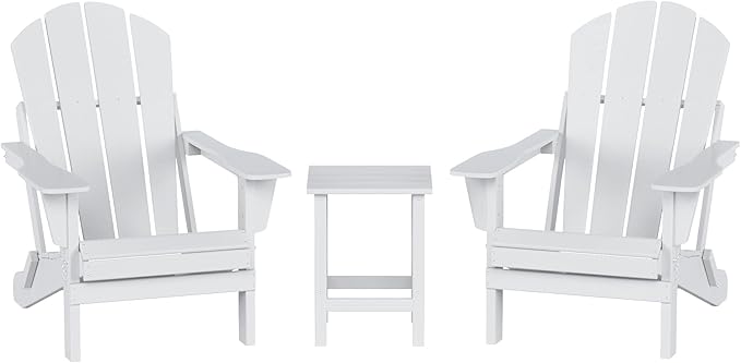 WO Home Furniture Adirondack Chairs Table Set of 3 PCS Outdoor Folding Chairs Side End Table Weather/UV Resistant for Lawn, Garden, Bon Fire, Balcony (White)