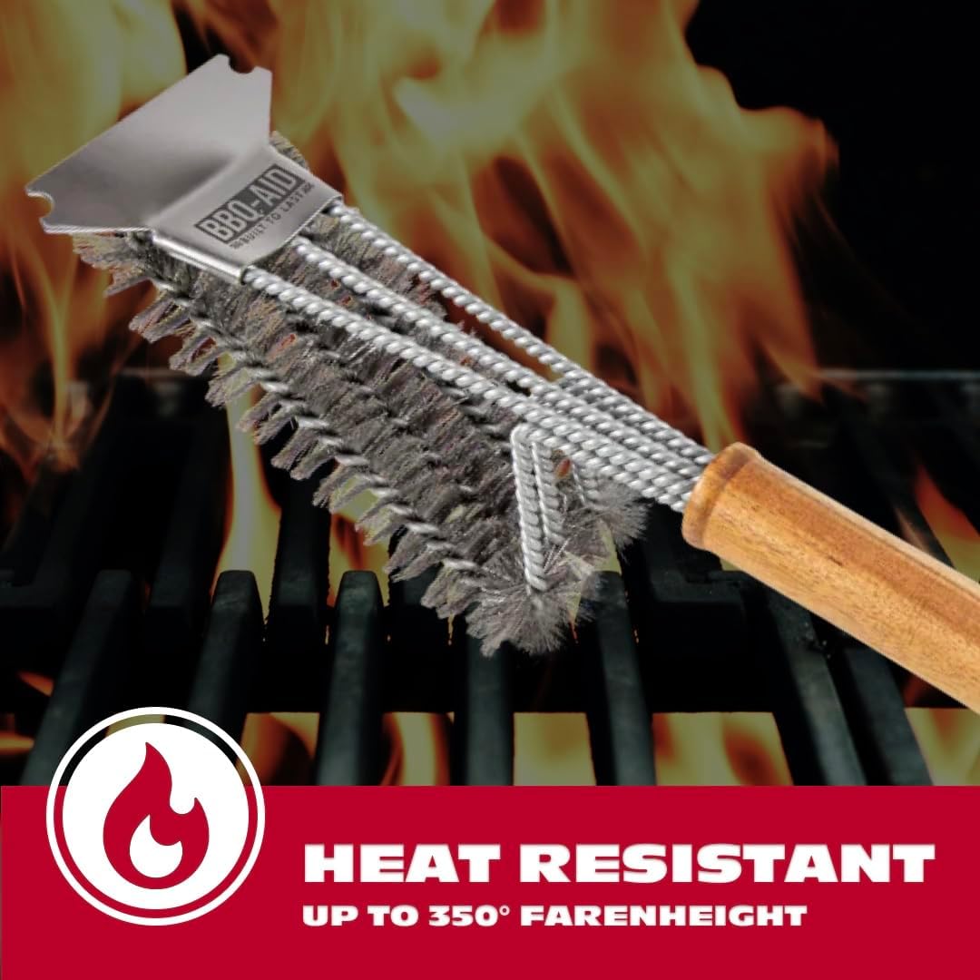 BBQ-AID All Angles BBQ Grill Brush for Outdoor Grill – Cleans All Angles, Large Wooden Handle, and Stainless Steel Bristles - BBQ Brush for Grill Cleaning – Grill Cleaner Brush Safe for BBQ and Grill