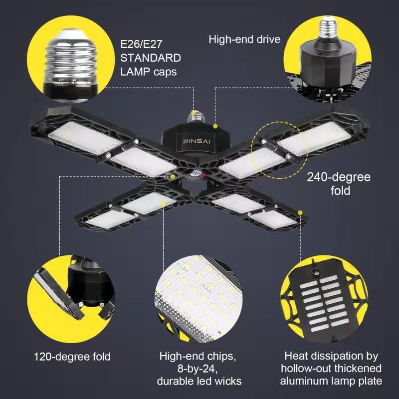 4 Pack LED Garage Light, Super Bright Screw in E26/E27 Ceiling Shop Work Lamp, 200W 20000 Lumen Deformable Basement Bulb Fixture with 8 Adjustable Panels