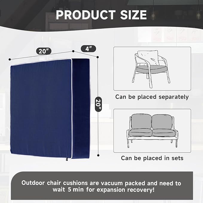 PNP FKJP 2 Pack Outdoor Chair Cushion 20" X 20" X 4", Waterproof Outdoor Seat Cushions with Non-Skid Ties, Navy (Cushion + Cover)