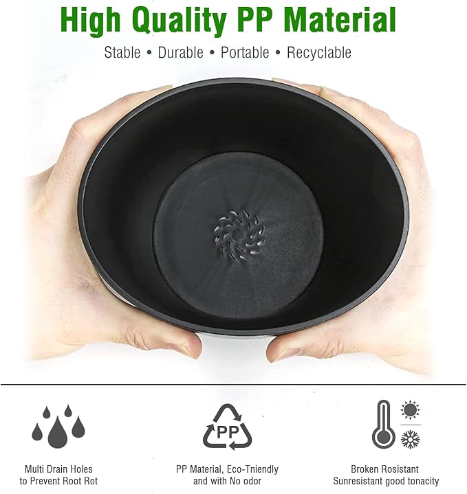 6 Inch Plant Pots Bulk, 6 Pack Plastic Planters with Drainage Holes and Saucers for Indoor Outdoor House Plants and Flowers, Black